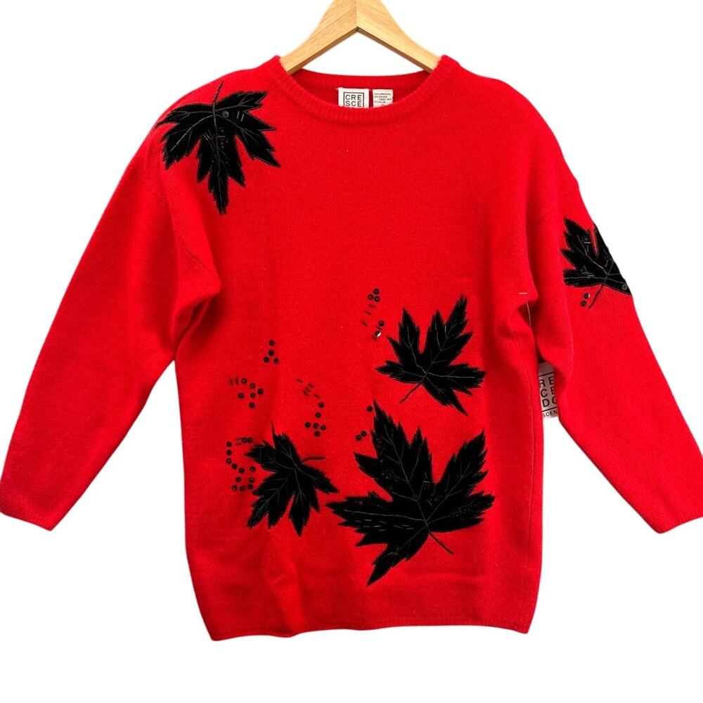 Crescendo Vintage Red Wool Angora Black Sequin Leaves Sweater Women M